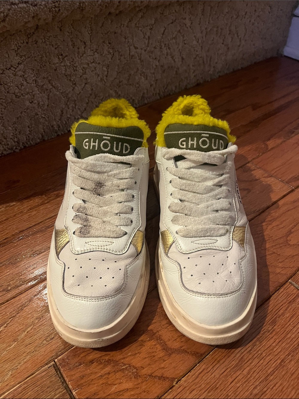 Ghoud White Leather Sneakers with Yellow Shearling Collar